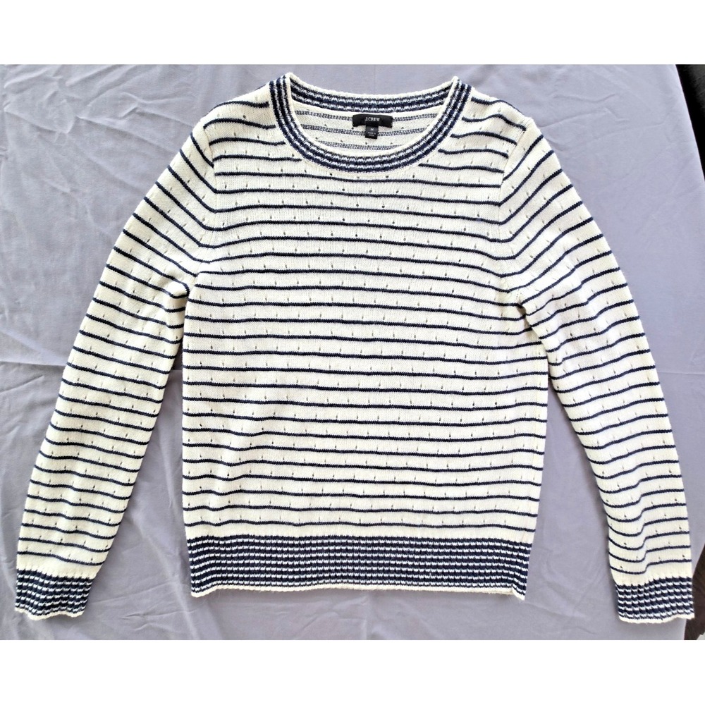 J Crew Wool Blend Navy White Striped Mesh Sweater Minimalist Quiet Luxury Easy C